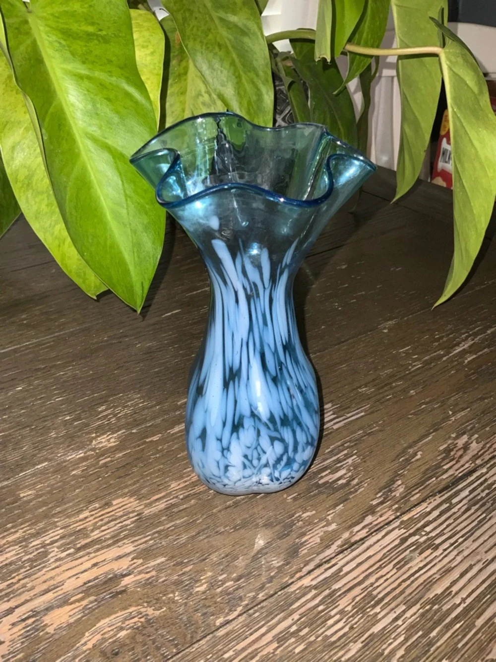 Lefton Blue and White Ruffled Art Glass Vase 7”